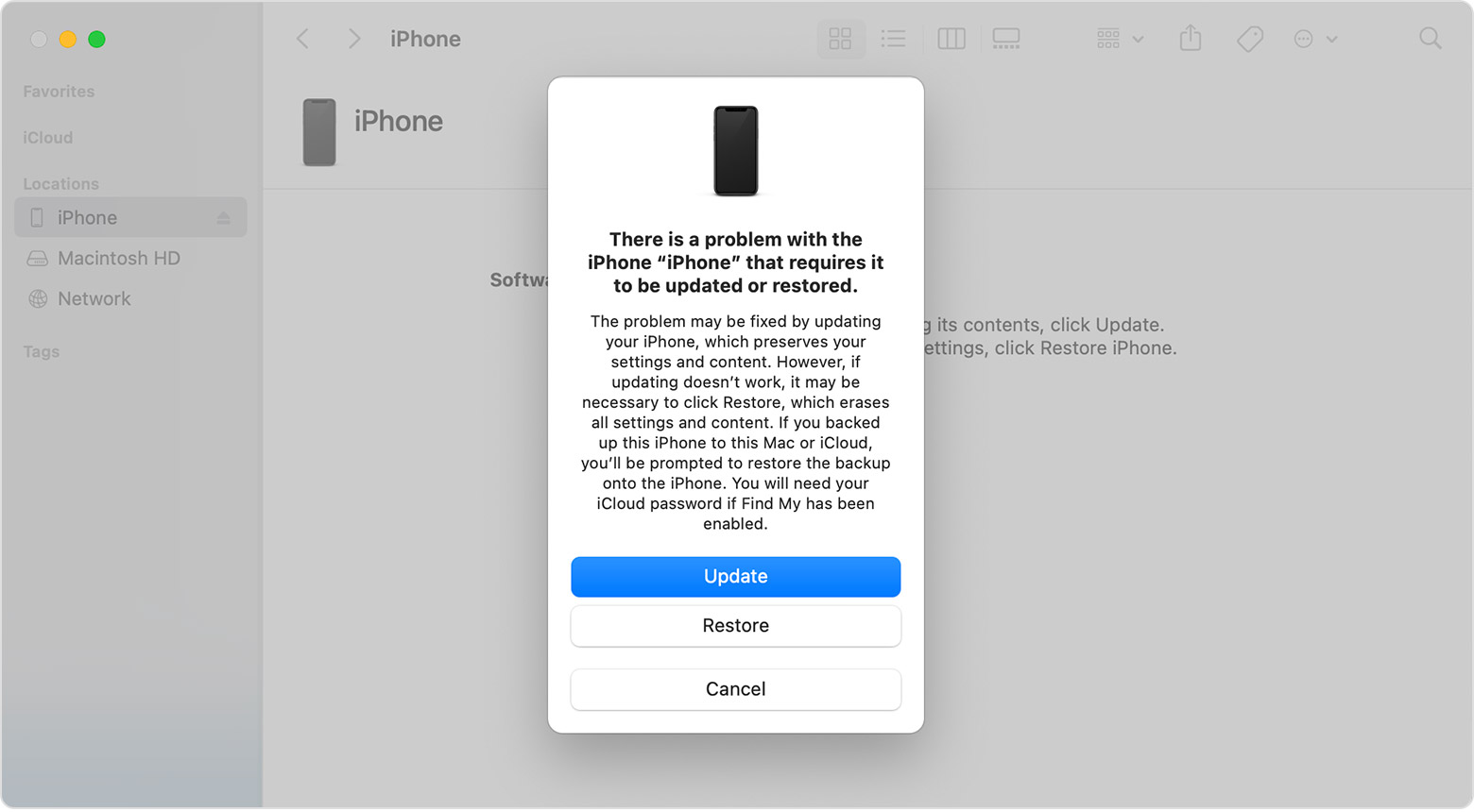 Mac'te, iPhone'unuzu geri yükleme veya güncelleme seçeneklerini gösteren bir Finder penceresi